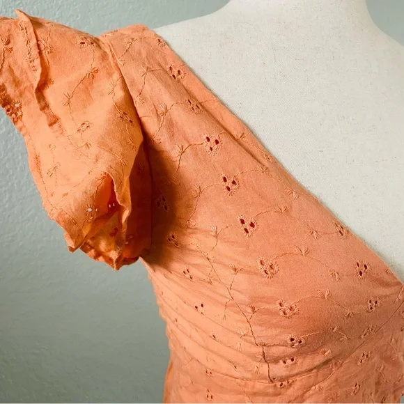 Japna Orange Eyelet Embroidered Vneck Ruffle Cap Sleeve Wrap Crop Top | Medium - Picture 2 of 7